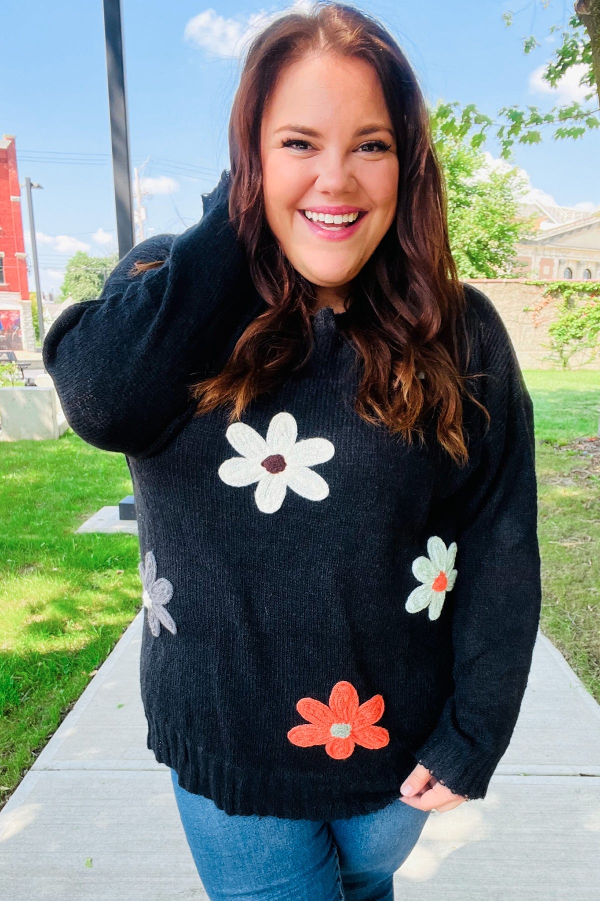 Luisa® | Eyes On You oversized knit sweater with floral patch in black