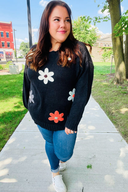 Luisa® | Eyes On You oversized knit sweater with floral patch in black