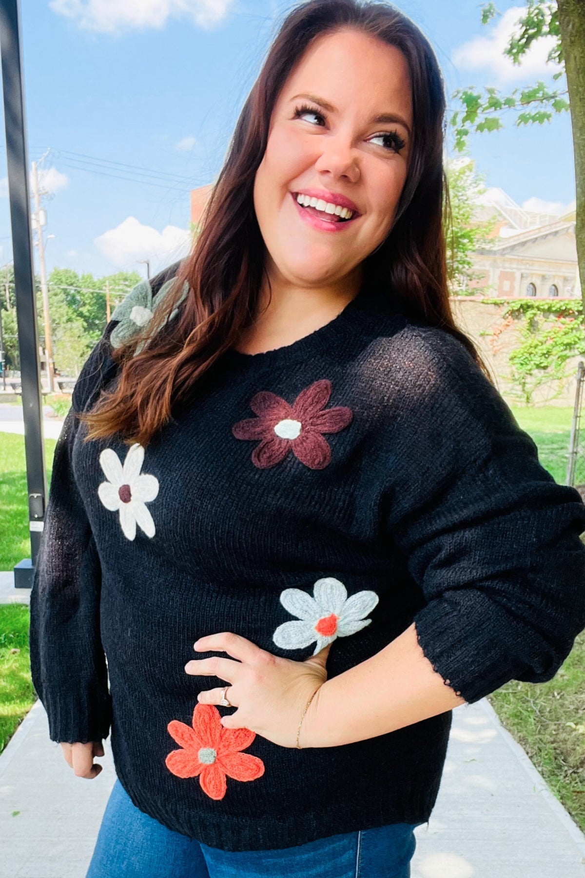 Luisa® | Eyes On You oversized knit sweater with floral patch in black