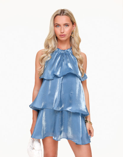 Adelaida® | Jeans Blue Petite Satin Ruffle Dress