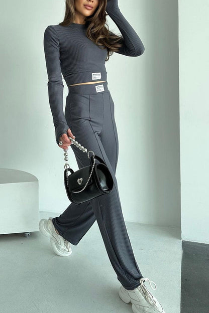 Lidia® | Long pants suits with ribbed knit crop top