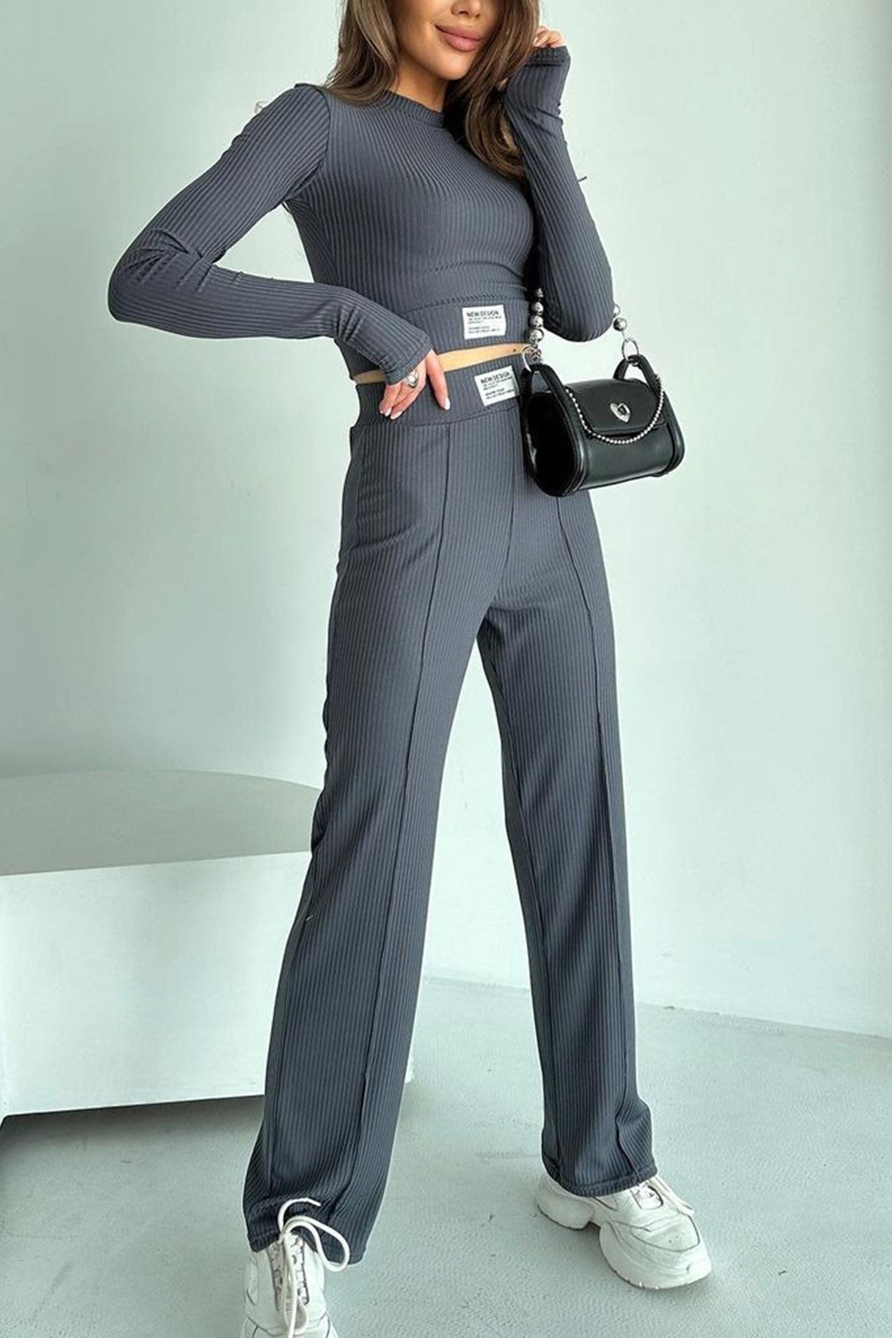 Lidia® | Long pants suits with ribbed knit crop top