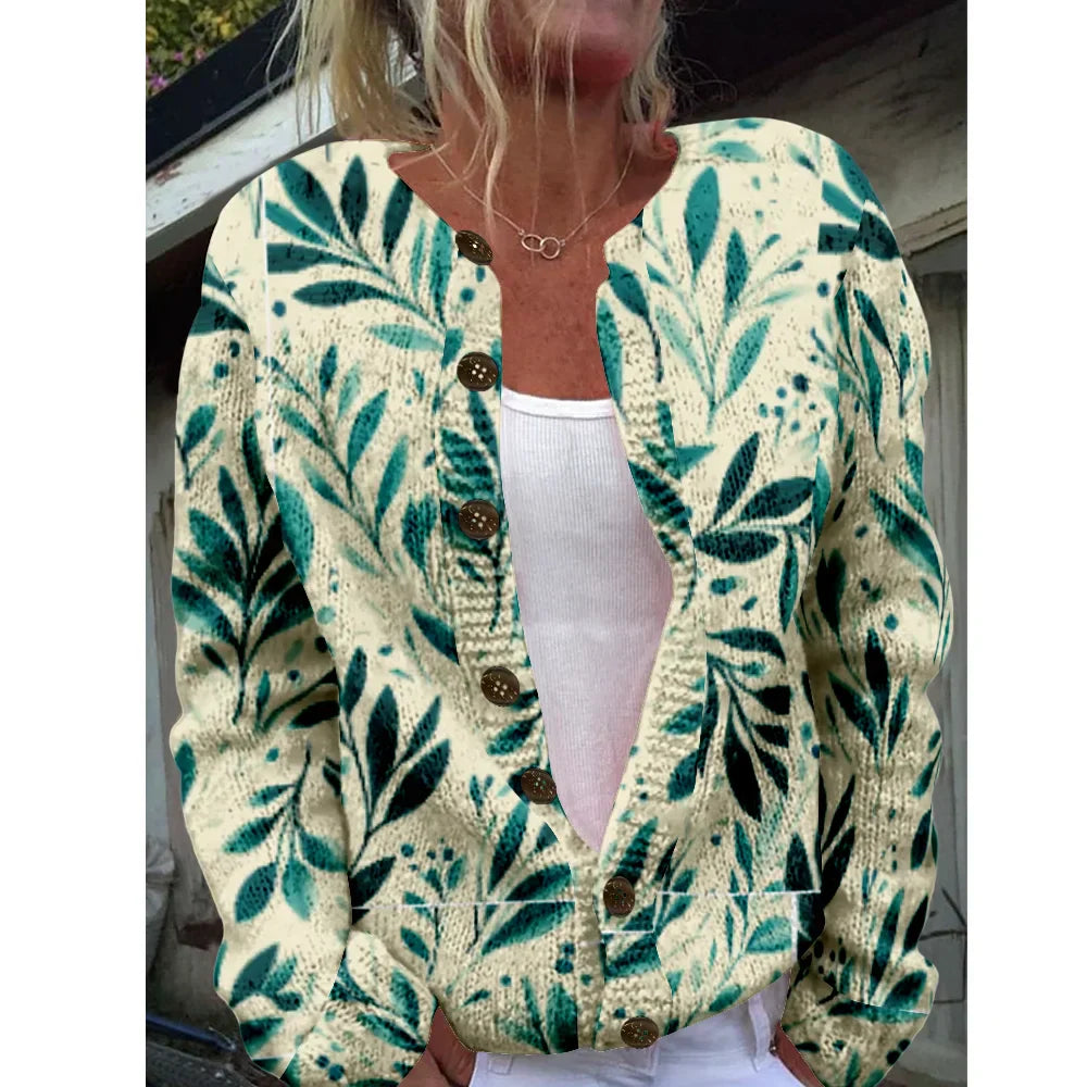 Adelaida | Cream cardigan with leaf print