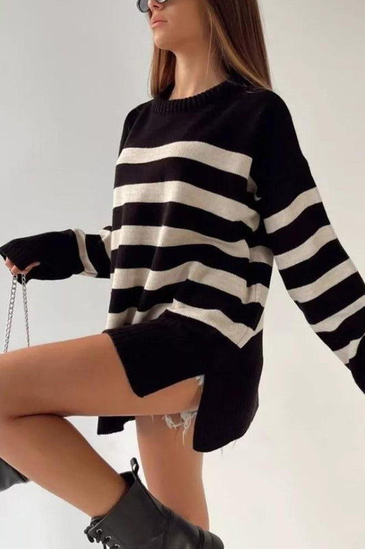 Lidia® | Striped Crewneck Slit Pullover