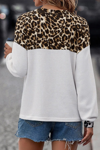Elena® | Leopard print waffle knit long sleeve V-neck blouse