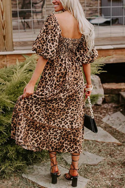 Abigail® | Brown leopard print ricrac puff sleeve maxi dress