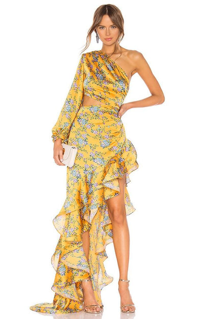 Abigail® | Printed Asymmetric Ruffle Maxi Dress