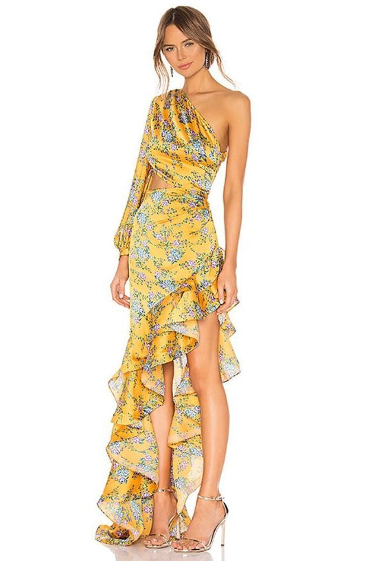 Abigail® | Printed Asymmetric Ruffle Maxi Dress